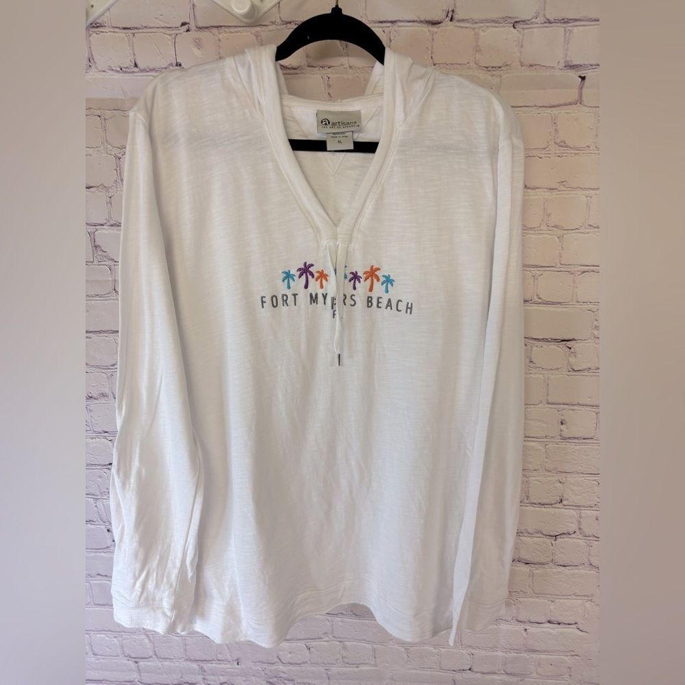 Artisans White Cotton Drawstring Hood Coastal Grandma Beachy Minimalist Tee XL